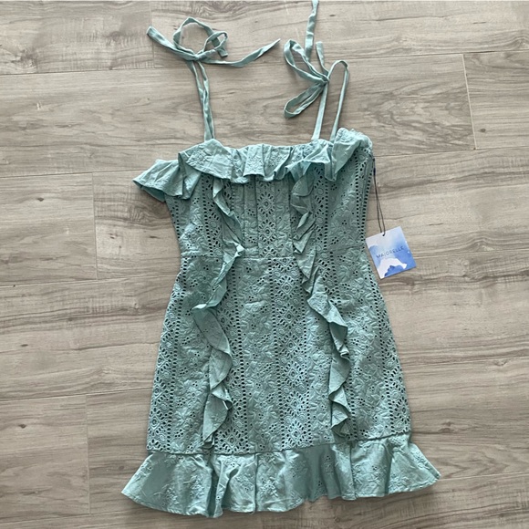 MAJORELLE NWT Teal eyelet shoulder tie dress small NWT NEW ruffles shoulder tie - Picture 2 of 12